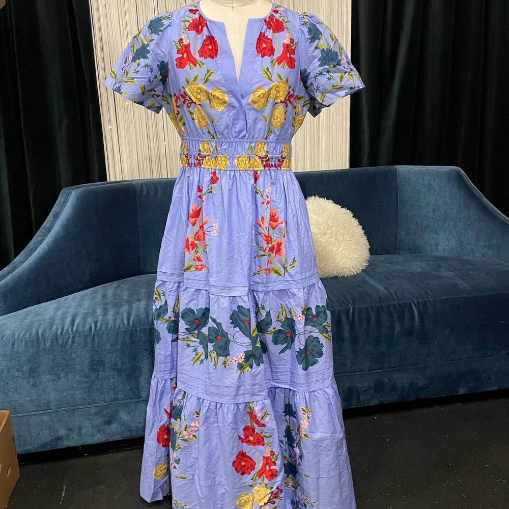 Anthropologie Violet Maxi Dress Red, Blue, Yellow Floral Design Large (10-12)